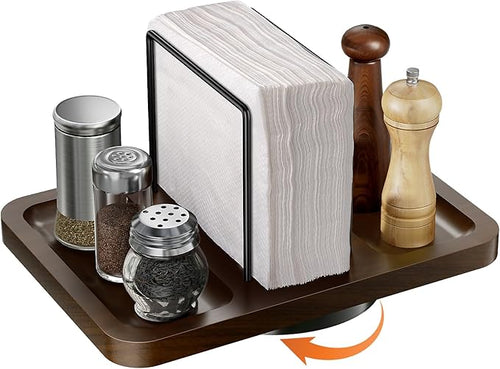 A-Rotating Napkin Holder for Table, Dispenser with Salt and Pepper Shakers Caddy,  Kitchen Dining Table Decor