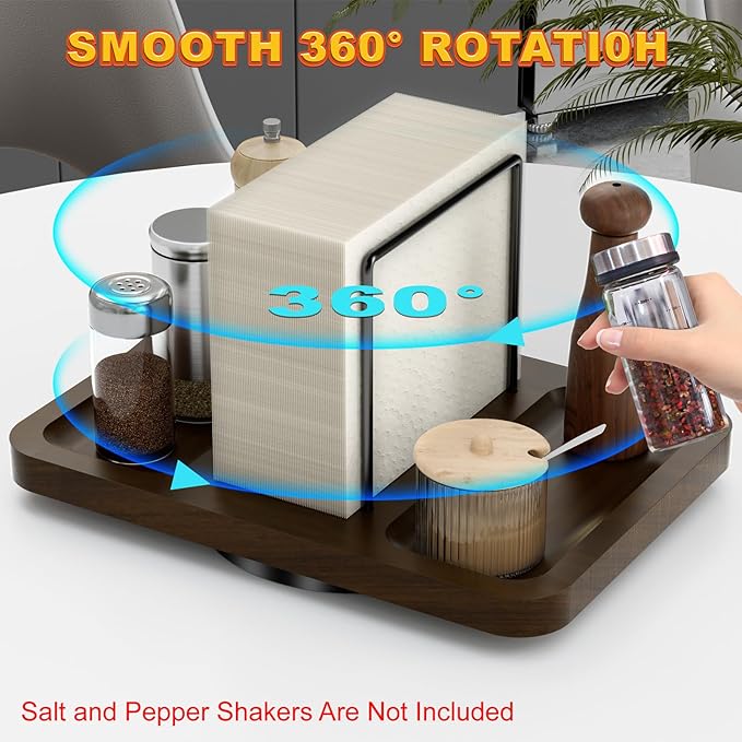 A-Rotating Napkin Holder for Table, Dispenser with Salt and Pepper Shakers Caddy,  Kitchen Dining Table Decor