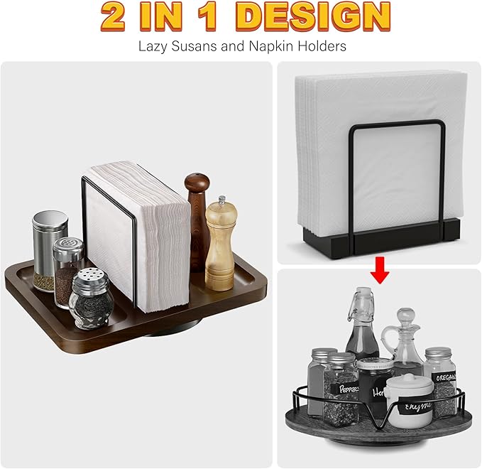 A-Rotating Napkin Holder for Table, Dispenser with Salt and Pepper Shakers Caddy,  Kitchen Dining Table Decor